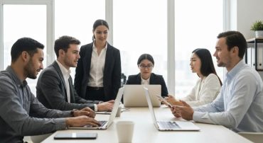 Professionals discussing IT security trends in a modern office setting