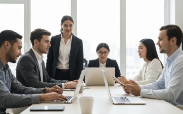 Professionals discussing IT security trends in a modern office setting