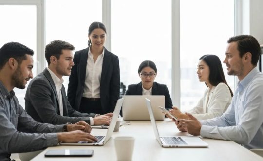 Professionals discussing IT security trends in a modern office setting