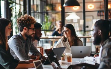 Business professionals collaborating on IT support solutions in a modern office