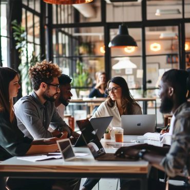 Business professionals collaborating on IT support solutions in a modern office