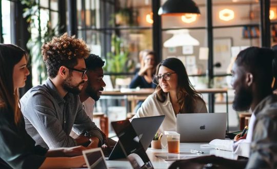 Business professionals collaborating on IT support solutions in a modern office