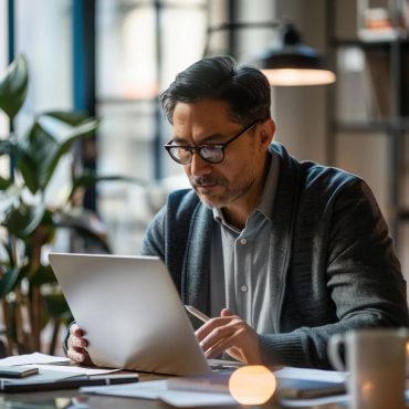 Small business owner reviewing a cybersecurity checklist on a laptop in a modern office
