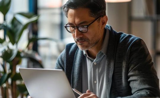 Small business owner reviewing a cybersecurity checklist on a laptop in a modern office